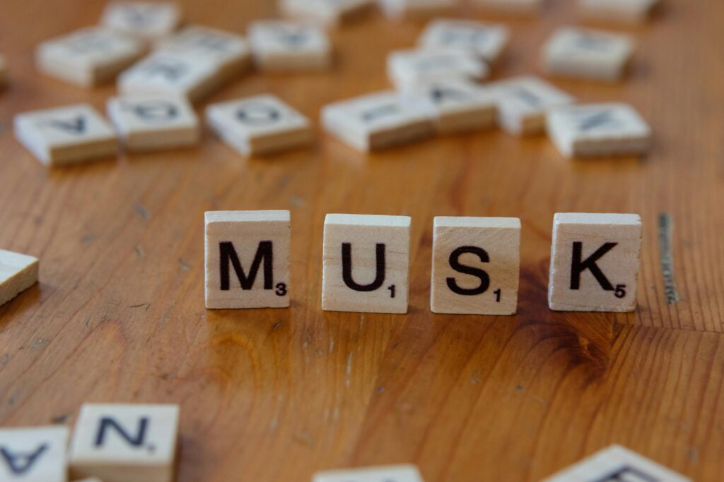 Drewniane klocki z napisem „MUSK” na tle rozsypanych liter – ad Twitter jako przykład kampanii reklamowej w mediach społecznościowych budującej zasięg i rozpoznawalność marki.